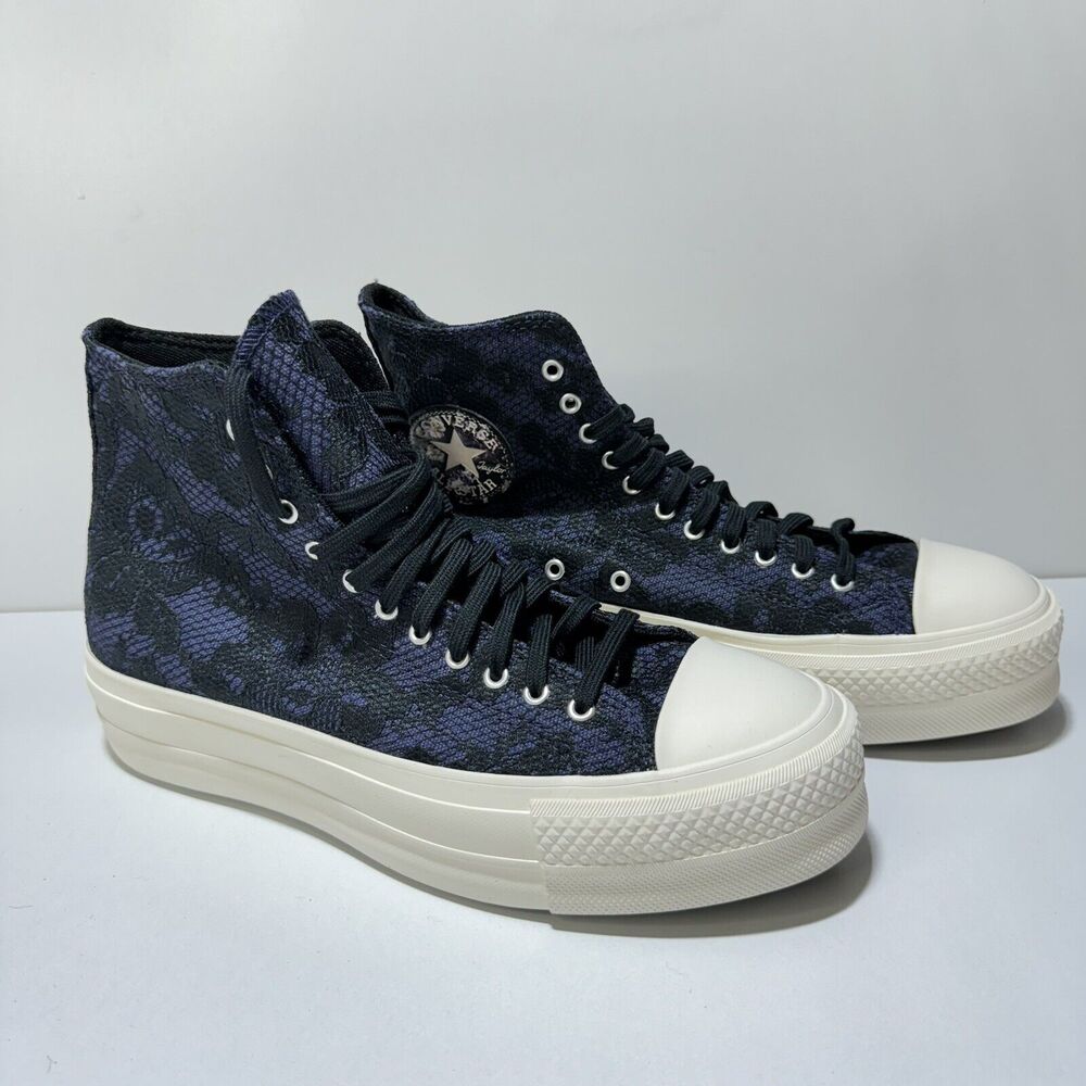 Converse Women Sz 8.5‎ Platform Black Blue Floral Lace Sneaker Whimsy Goth